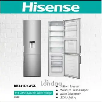Hisense 341 Liter Double Door Fridge, Defrost – RB341D4WGU; Dispenser, Bottom Freezer - 4