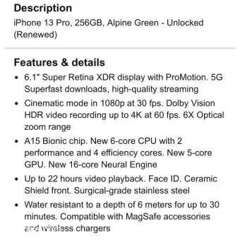 iPhone 13 Pro, 256GB, Alpine Green - Unlocked (Renewed)